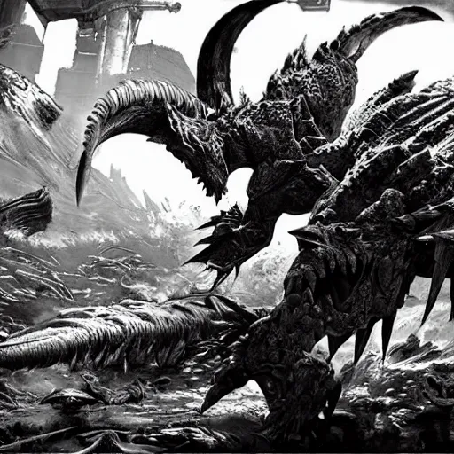 Image similar to sci - fi monster hunter, hyperdetailed, bw art by shinya tsukamoto