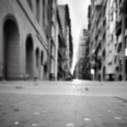 Image similar to 4x5 styled street photography, surreal scene, 35mm lens, black & white, pastel colours overlap, grainy, bokeh, depth of field, dreamy, rule of thirds