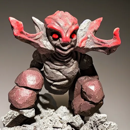 Prompt: a goblin made out of rocks, with glowing red eyes, in a cave, like mtg, by christopher rush