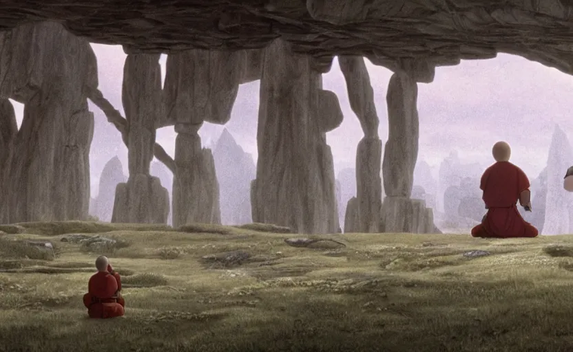 Image similar to movie still from princess mononoke ( 1 9 9 7 ) showing a highly detailed landscape with two monks in lotus position with stonehenge in the background 1 9 8 0 s science fiction, 1 9 7 0 s science fiction, cyberpunk, moody, misty, depth perception, 4 k, artstation