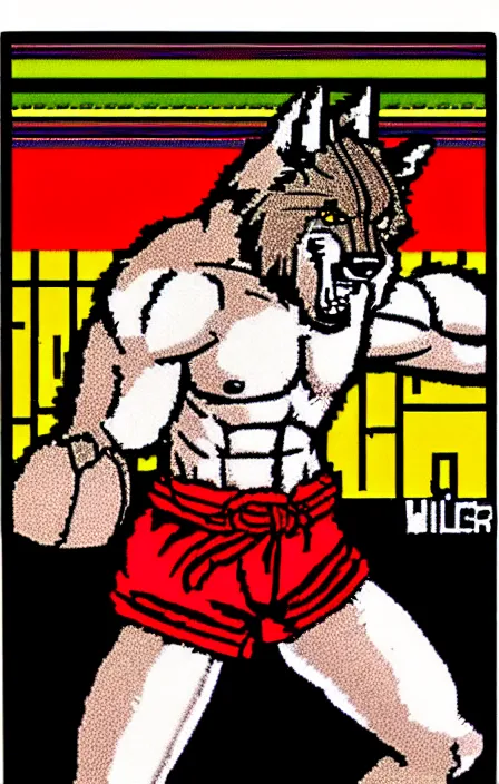 Image similar to extreme long shot. antropomorphic muscular masculine furr wolf. kickboxer, in shorts. wolf head. furr on body. 8 bit nes graphics. nes game, 8 0's
