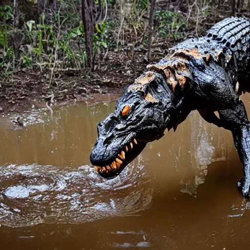 Image similar to werecreature consisting of a mixture of human and crocodile, photograph captured at woodland creek