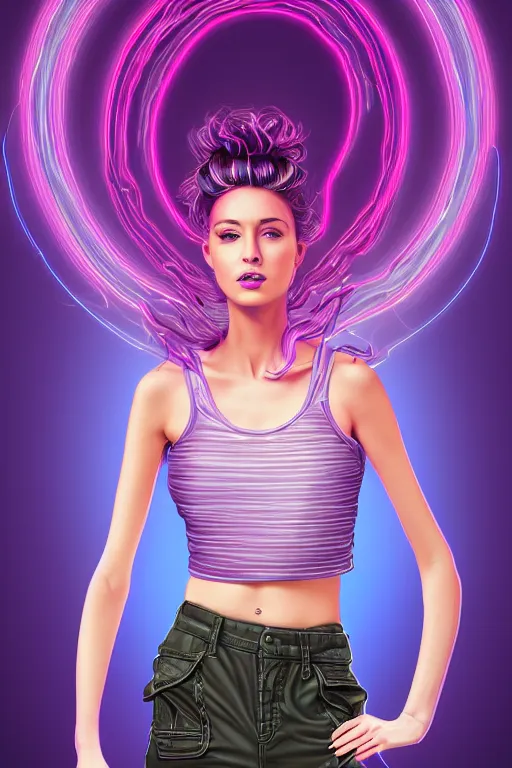 Image similar to a award winning half body portrait of a beautiful woman with stunning eyes in a croptop and cargo pants with ombre purple pink teal hairstyle and hands in pockets by thomas danthony, surrounded by whirling illuminated lines, outrun, vaporware, shaded flat illustration, digital art, trending on artstation, highly detailed, fine detail, intricate