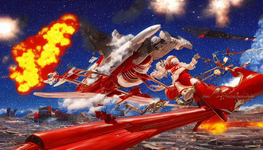 Image similar to santa claus sleigh being shot down by a surface to air missile, fiery explosion, artwork by katsuhiro otomo, yoshitaka amano, and artgerm. 3 d shadowing effect, 8 k resolution.