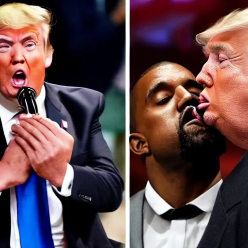 Prompt: donald trump kissing kanye west with tongue, kim kardashian crying in the background