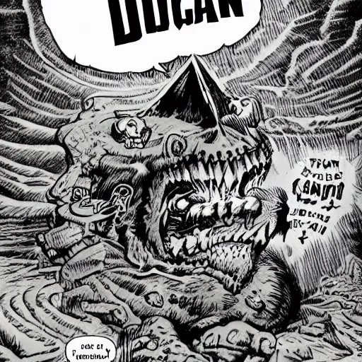 Prompt: dogbert as leader of illuminati dark cavern torches terrifying grim highly detailed by frank frazetta and scott adams