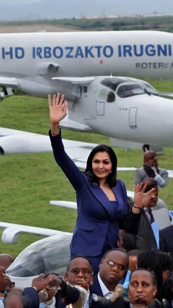 Image similar to priti patel waving at an aeroplane headed to rwanda