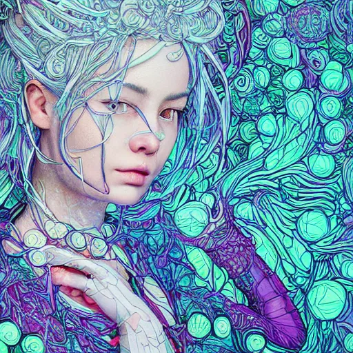 Image similar to the portrait of an unbelievably cute woman partially made of onions of all colors, an ultrafine detailed illustration by james jean, final fantasy, intricate linework, bright colors, behance contest winner, vanitas, angular, altermodern, unreal engine 5 highly rendered, global illumination, radiant light, detailed and intricate environment