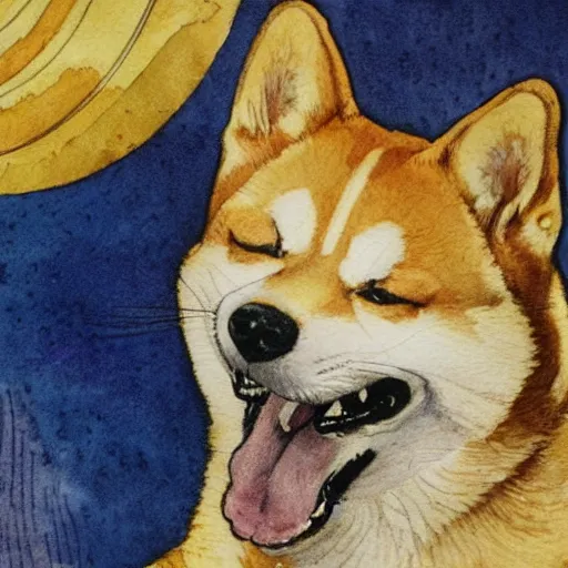 Image similar to portrait of happy laughing shiba inu with a background in the style of mucha. detailed, ornate, watercolor