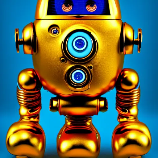 Prompt: a golden and blue shiny metallic robot in steampunk robert crumb style with cyan glowing laser beams out of the eyes, insanely integrate details, cables out of the ears, sharp, frontshot, 8 k,