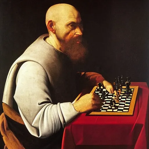 Image similar to portrait painting of a medieval King playing chess by George Stubbs and caravaggio, oil painting, old master, masterpiece