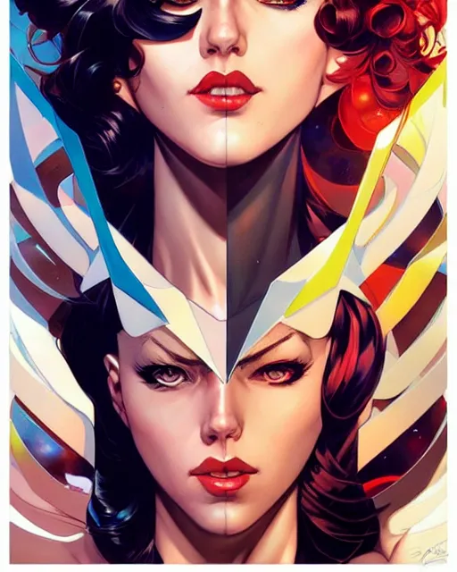 Image similar to artgerm, joshua middleton and sandra chevrier comic cover art, full body betty page as pretty female space pirate, symmetrical eyes, long curly hair, beautiful, rim lighting, vivid colors