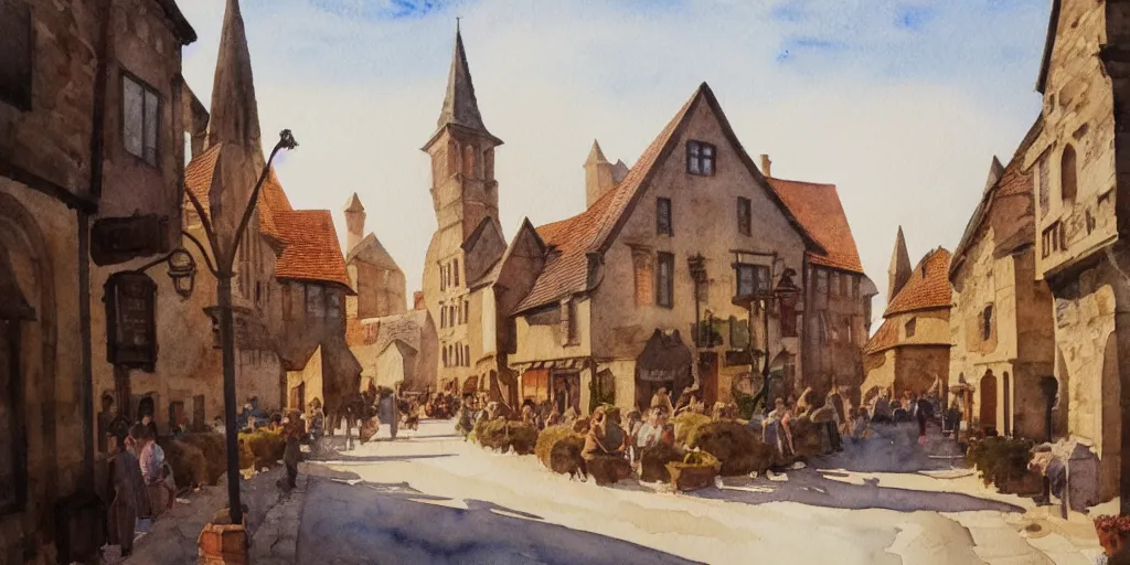 Image similar to medieval town, summer morning light, masterpiece watercolor painting, trending on artstation, highlight of the british museum collection