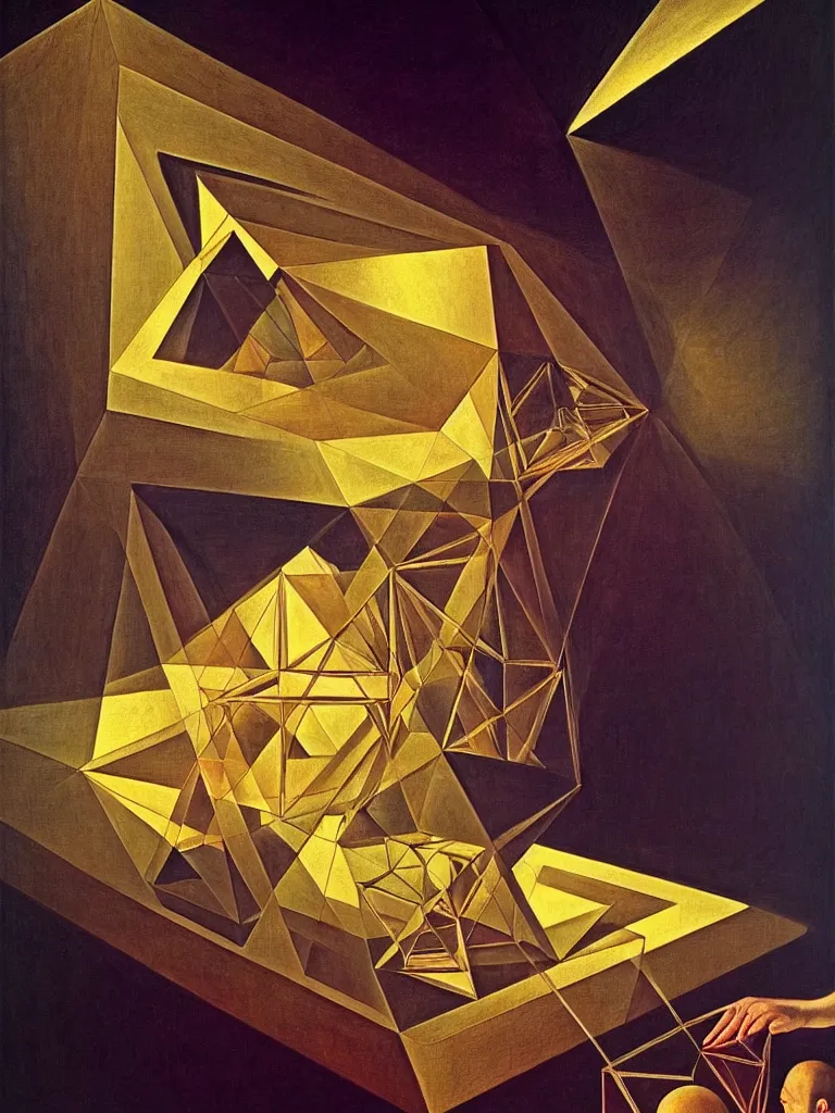 Image similar to hyperrealistic still life portrait of a mind exploding inside of a serene temple, beautiful plans, sacred geometry, light refracting through prisms in a tesseract, by Caravaggio, botanical print, surrealism, vivid colors, serene, golden ratio, rule of thirds, negative space, minimalist composition