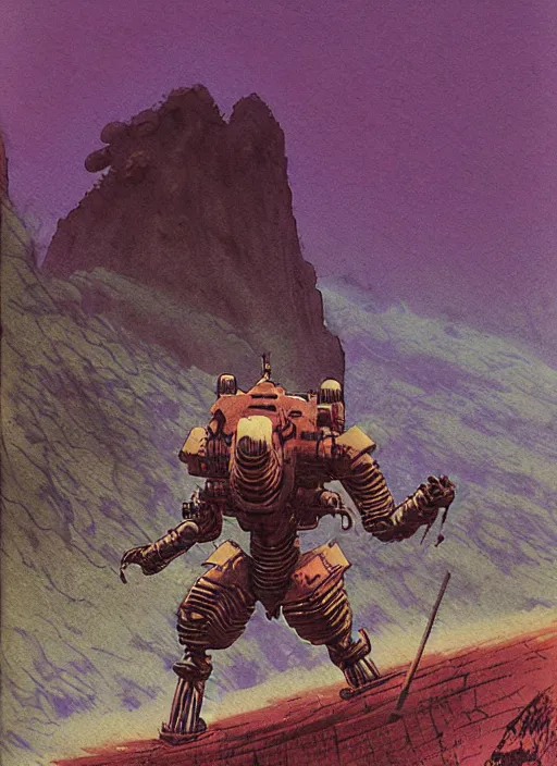 Prompt: vintage anime cinematic robot warrior emerging from moonlit lush cave mountain by Zdzislaw beksinski, watercolor concept art by Syd Mead, by william herbert dunton, watercolor strokes, japanese woodblock, by Jean Giraud