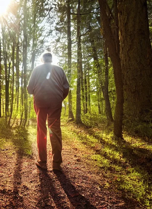 Image similar to a 3 5 mm photo from the back of a senior citizen walking in the woods, splash art, movie still, bokeh, canon 5 0 mm, cinematic lighting, dramatic, film, photography, golden hour, depth of field, award - winning, anamorphic lens flare, 8 k, hyper detailed, 3 5 mm film grain