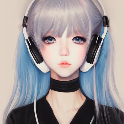 Image similar to realistic detailed semirealism beautiful gorgeous cute Blackpink Lalisa Manoban white hair white cat ears blue eyes, wearing black camisole maid outfit, headphones, black leather choker full HD 4K high resolution quality WLOP, Aztodio, Taejune Kim, Guweiz, Pixiv, Instagram, Artstation