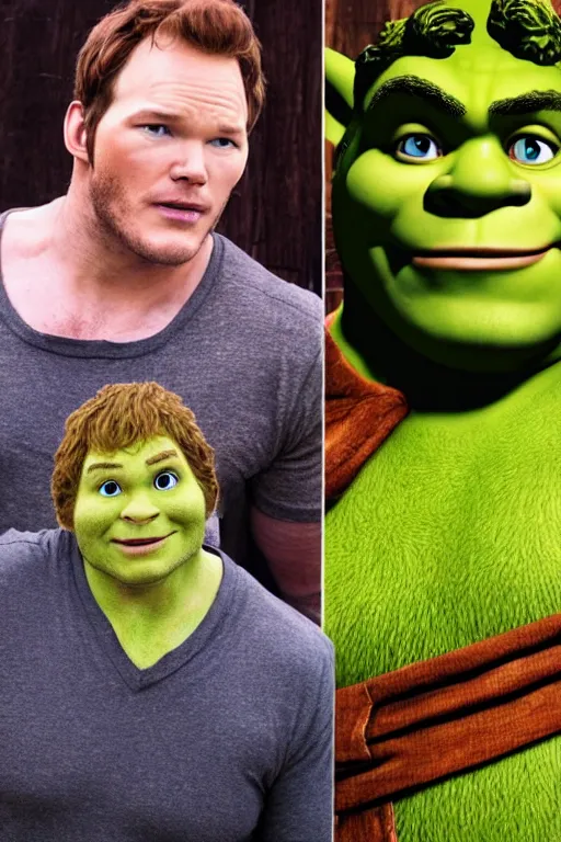 Image similar to Chris Pratt as Shrek in live action adaptation, set photograph in costume, cosplay