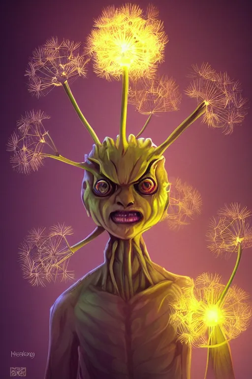 Image similar to a glowing humanoid figure dandelion monster with large glowing eyes, highly detailed, digital art, sharp focus, trending on art station, artichoke, anime art style