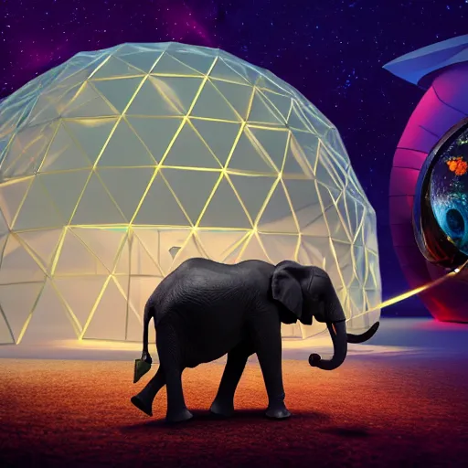 Image similar to a hyperrealistic 3D octane render of an elephant wearing virtual reality goggles playing a synthesizer inside of a geodesic dome planetarium with planets and galaxies, trending on artstation, 8k, 4K, dramatic lighting, glowing, volumetric lighting, ray tracing, unreal engine