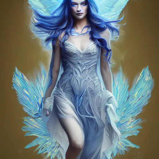 Image similar to beautiful magic angel, full body, flowing hair, blue eyes, beautiful aesthetic, by james jean and joe jusco, trending on artstation, digital art, cinematic lightning, ultra high detail, 8 k