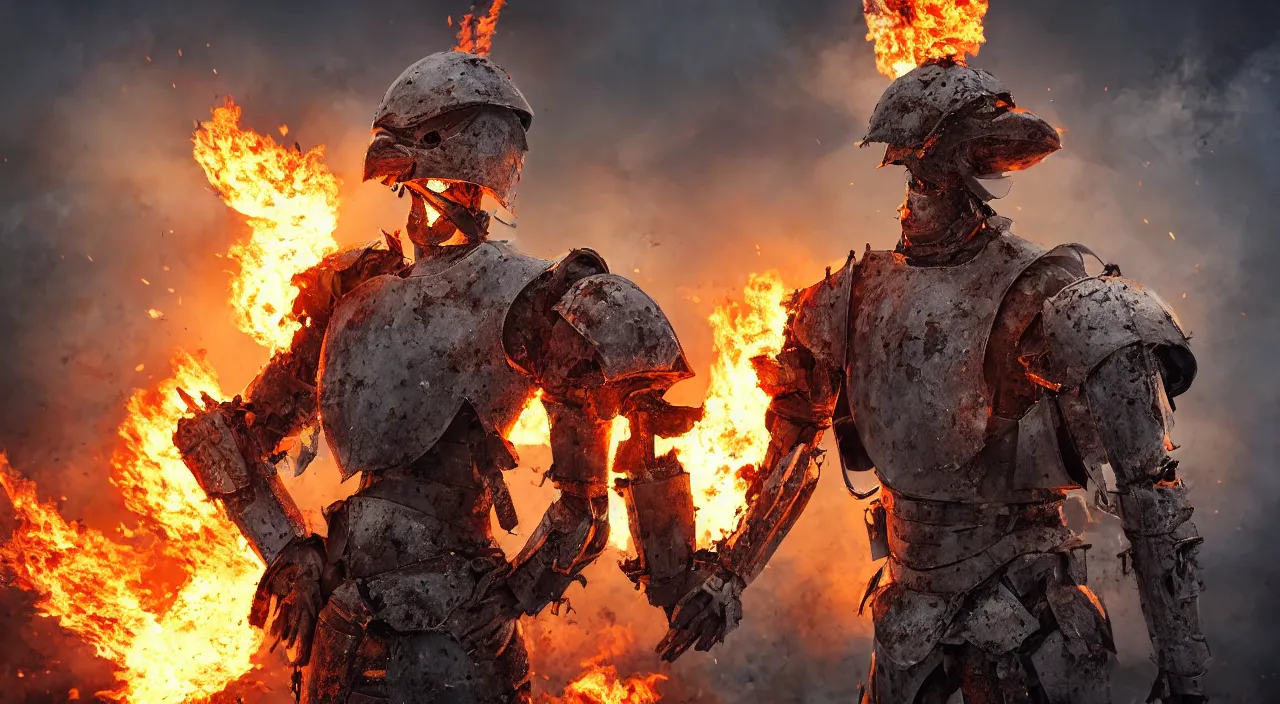 Image similar to chicken wearing suit of armor standing alone in war-torn battlefield with background flames, sharp focus, concept art, elegant, highly detailed, beautiful lighting, distant shot