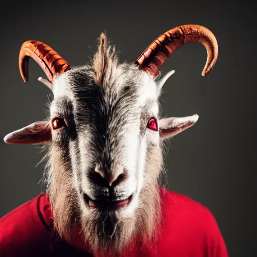 Image similar to a man with small goat horns growing from his head. glowing red eyes and sharp teeth. portrait photography, studio lighting, cinematic, chilling 4 k