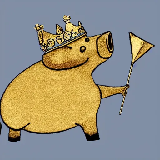 Image similar to a pig wearing a gold crown in the style of Rube Goldberg
