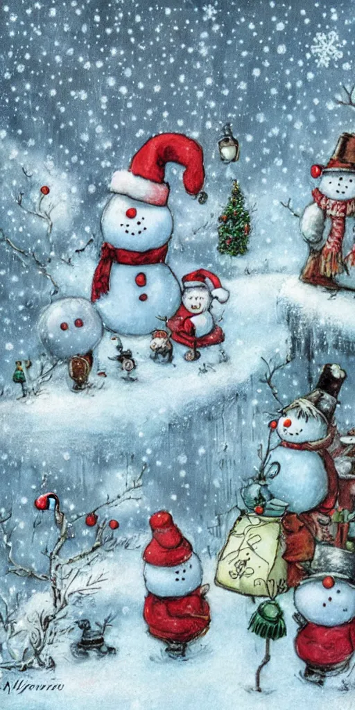 Image similar to a frosty snowman christmas scene by alexander jansson