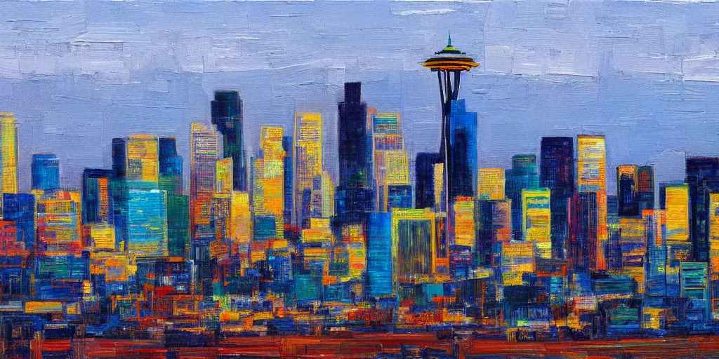 Prompt: Seattle cityscape skyline panorama in the style of Wayne Thiebaud, detailed oil painting