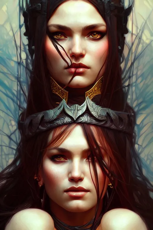 Image similar to a very beautiful warrior woman, fantasy, portrait, sharp focus, intricate, elegant, digital painting, artstation, matte, highly detailed, concept art, illustration, ambient lighting, art by ilya kuvshinov, artgerm, Alphonse mucha, and Greg Rutkowski