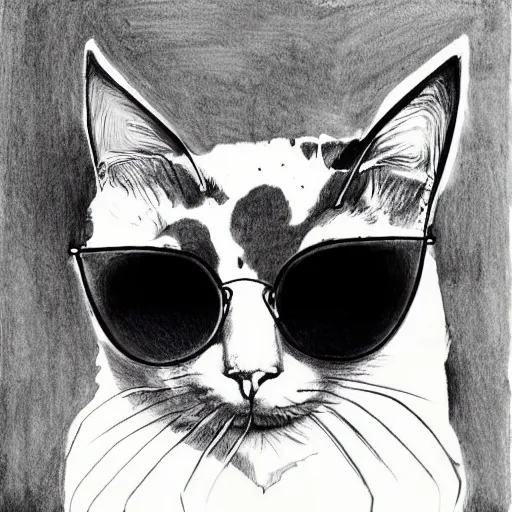 Prompt: cat wearing sunglasses sitting in a chair, ball-point pen art