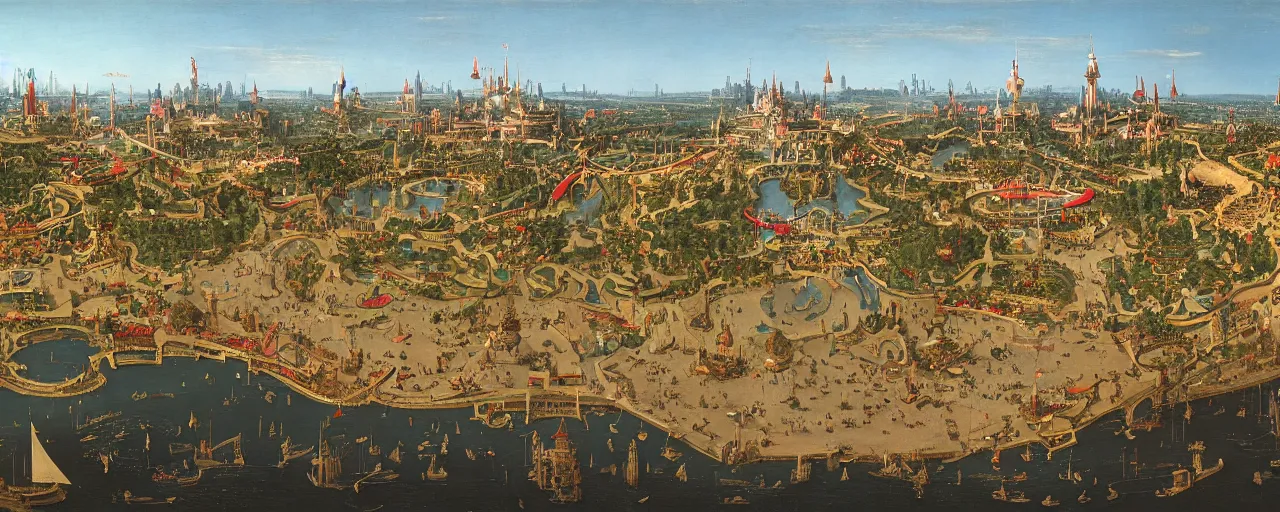 Prompt: panorama painting of Disneyland in the year 1500, from Canaletto