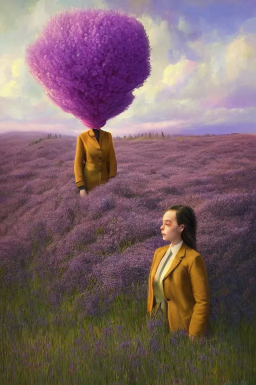 Prompt: portrait, giant lilac flower head, black woman in suit in heather field, surreal photography, golden hour, colorful clouds, impressionist painting, digital painting, artstation, simon stalenhag