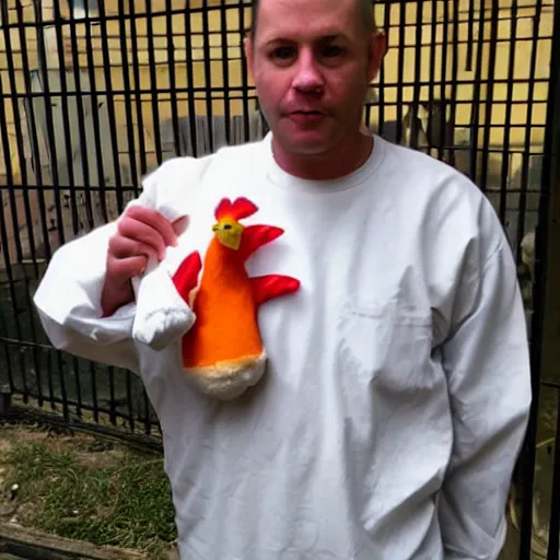 Prompt: chicken wearing as an inmate