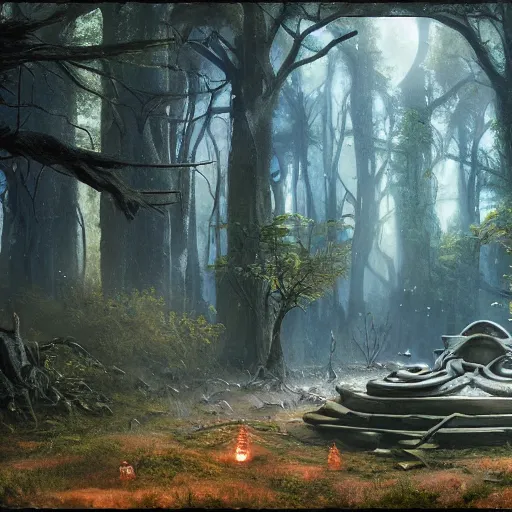 Image similar to a painting of a alien altar in the middle of a forest, a detailed matte painting by slawomir maniak, deviantart contest winner, fantasy art, matte painting, cryengine, concept art
