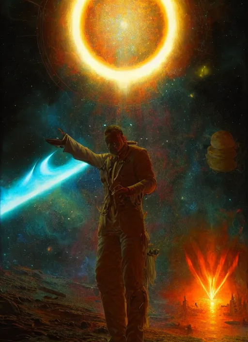Prompt: out in the dark, among the stars, the god is dead by barclay shaw, andreas rochas, james jean, craig mullins and joe jusko, 8 k, intricate details, illustration, dynamic lighting, unreal engine, featured on artstation, soft glow.