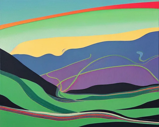 Prompt: A wild, insane, modernist landscape painting. Wild energy patterns rippling in all directions. Curves, organic, zig-zags. Saturated color. Mountains. Clouds. Rushing water. Wayne Thiebaud. Lisa Yuskavage landscape.