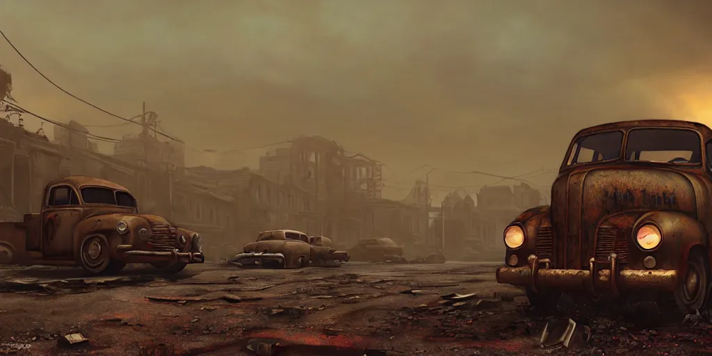 Prompt: fallout 5, ruined city environment, low density small town, rusted vintage cars and trucks, mysterious atmospheric lighting, matte painting, intricate, iridescent, volumetric lighting, beautiful, rich deep colours masterpiece, fog golden hour, golden ratio, sharp focus, ultra detailed, by leesha hannigan, ross tran, thierry doizon, kai carpenter, ignacio fernandez rios