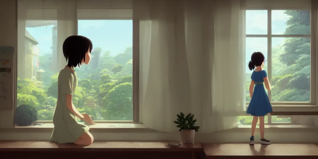 Prompt: a wholesome animation key shot of a focused lo-fi girl looking out the window, medium shot, waist up, studio Ghibli, Pixar and Disney animation, sharp, Rendered in Unreal Engine 5, anime key art by Greg Rutkowski, Bloom, dramatic lighting