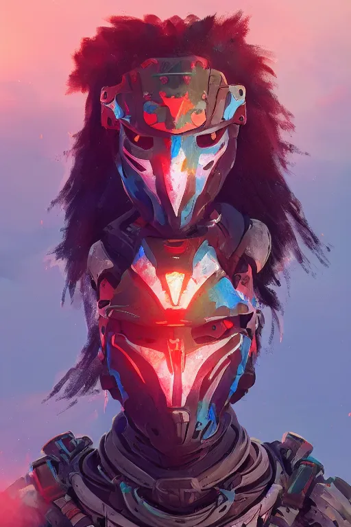 Image similar to combination suit armor aloy horizon forbidden west horizon zero dawn radiating a glowing aura global illumination ray tracing hdr fanart arstation by ian pesty and alena aenami artworks in 4 k tribal robot ninja mask helmet backpack