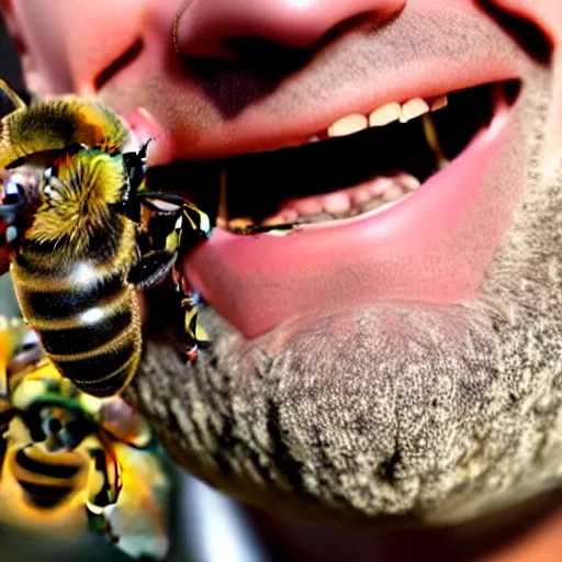 Prompt: photograph of smiling man with bees crawling out of his mouth, 8k resolution, high detail, ULTRA REALISTIC VFX, reflections