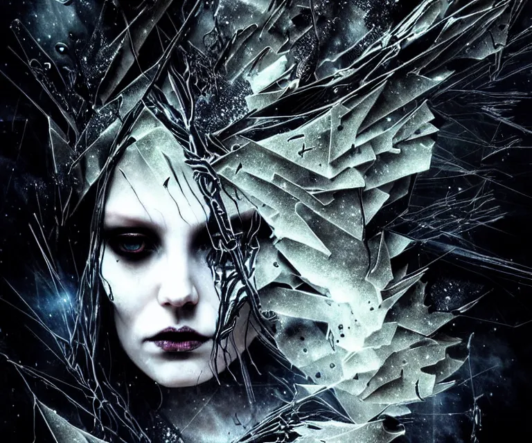 Image similar to stunning otherworldly gothic goddess of freewill, dark and mysterious, atmospheric, ominous, eerie, cinematic, epic, 8 k, ultra detail, ultra realistic, rendered by awesomeness. nights falling wind is blowwing snow is pilling concept art in style of carne griffiths artwork by xsullo. backround by elson, peter kemp, peter