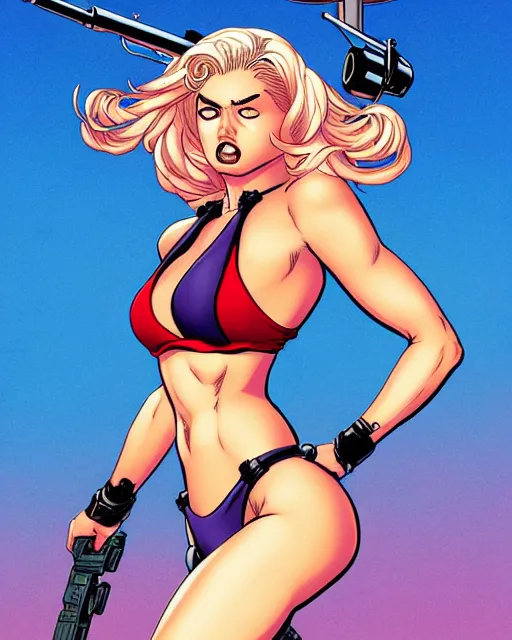 Image similar to comic cover art of a bikini girl riding a missile, inspired by gunsmith cats and tank girl, illustration by jenny frison and sana takeda, intricate details, stunning inking lines, stunning gradient colors, 4 k, hd, artstation