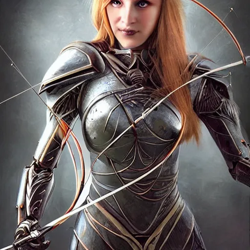 Image similar to robot archer, 8 k, portrait, elven, highly detailed, realistic, professional art, tolkien style elf,