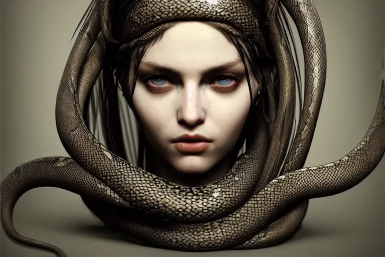 Prompt: a detailed portrait beauty girl hairstyle snake wrapping around head, full head, by greg rutkowski and hr giger, zbrush, trending on artstation 8 к