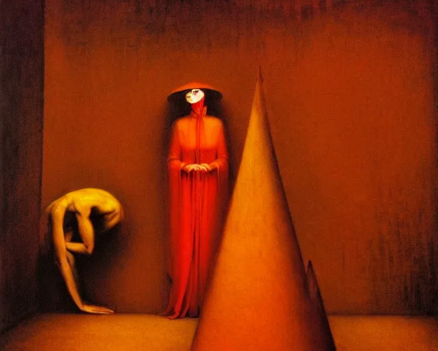 Image similar to devotion to the scarlet woman, priestess in a conical hat, coronation, ritual, sacrament, by francis bacon, beksinski, ( bosch ), mystical redscale photography, opulence, luxury, maximalism.