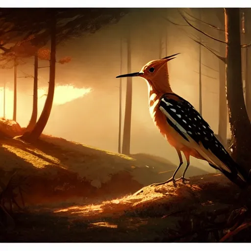 Image similar to hoopoe in avila pinewood, 4 k, concept art, by wlop, ilya kuvshinov, artgerm, krenz cushart, greg rutkowski, pixiv. cinematic dramatic atmosphere, sharp focus, volumetric lighting, cinematic lighting, studio quality