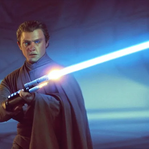 Prompt: Guy Fier in Star Wars Revenge of the Sith, Jedi Knight, blue light saber, movie still, cinematic, kodak 2383, 55mm lens