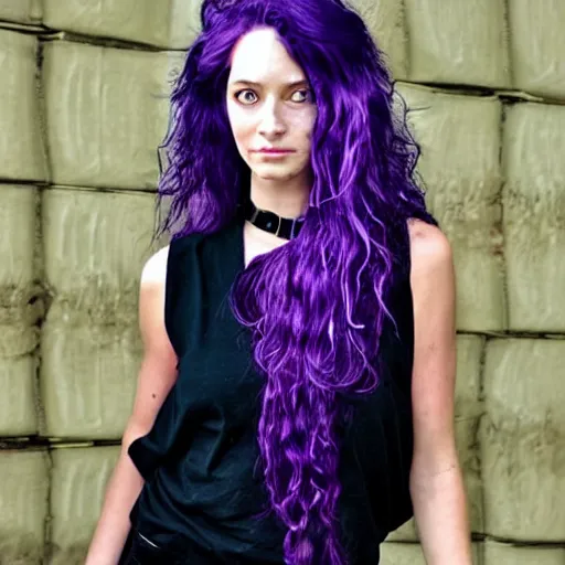 Prompt: a woman with long wavy purple hair, blue eyes and strong cheek bones. she's wearing a black t - shirt, sleeveless jean vest and a black choker